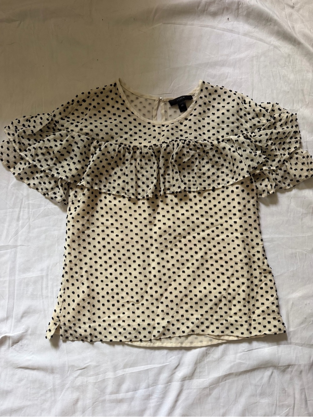 J Crew Silk Cotton Offwhite Raised Polka Dot Ruffles Blouse Womens Size 00 - Picture 1 of 7